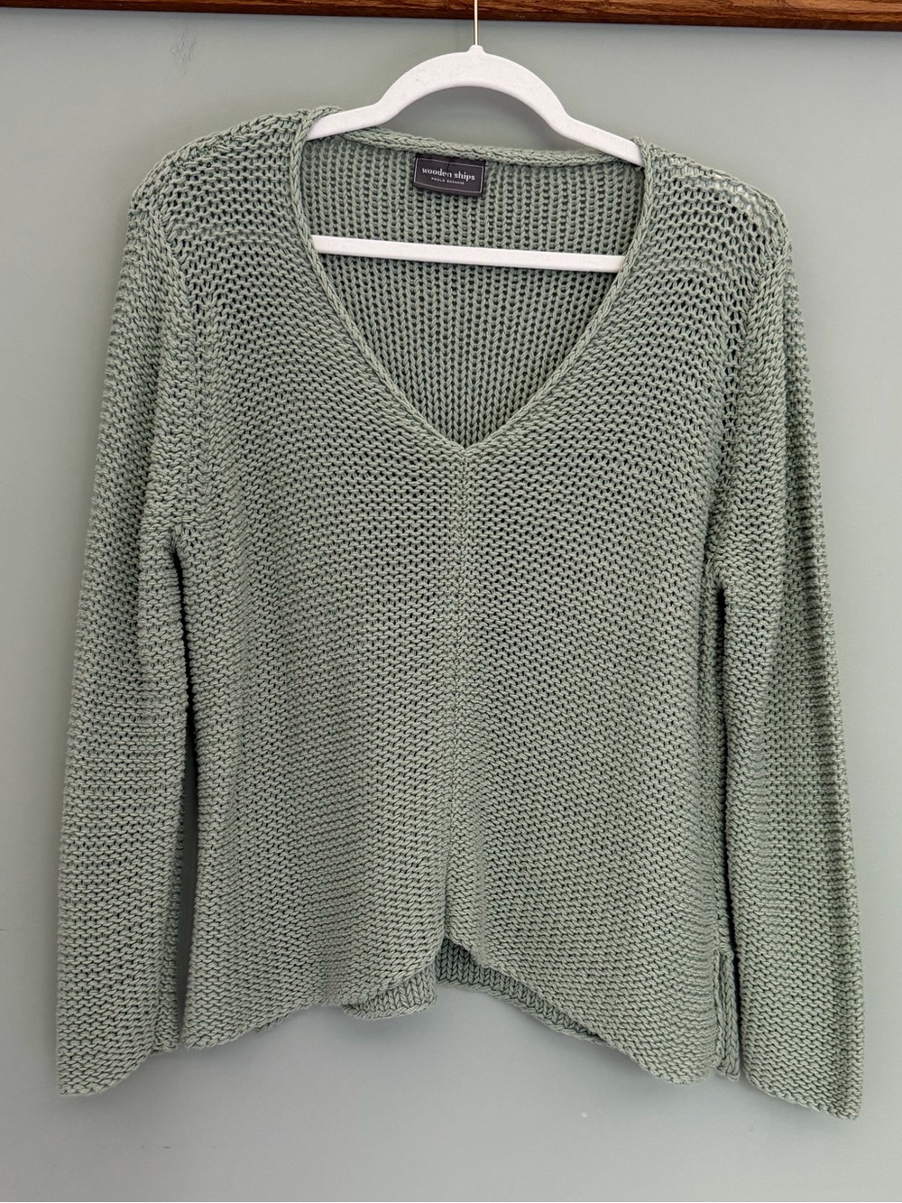 Wooden Ships Sea Foam Green V-Neck Open Knit Pullover Lightweight Sweater - Picture 3 of 14